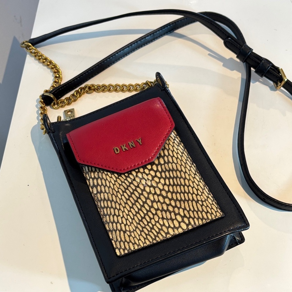 DKNY Alexa Leather Phone Crossbody Black Red Beige Animal Print Spotted
